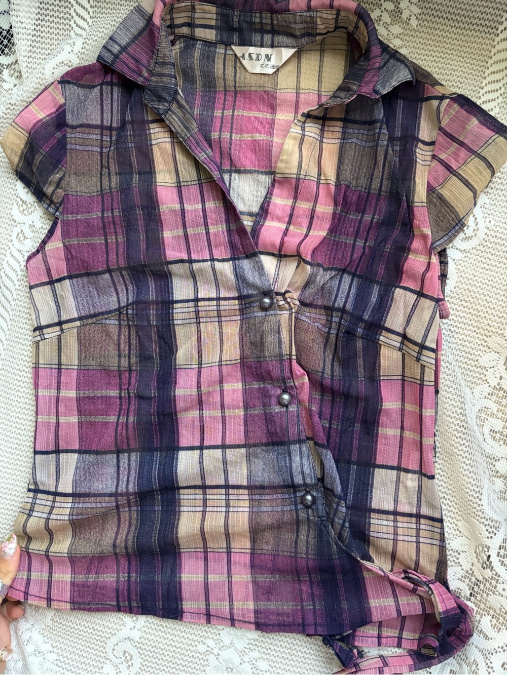 Plaid Button-Front Mesh